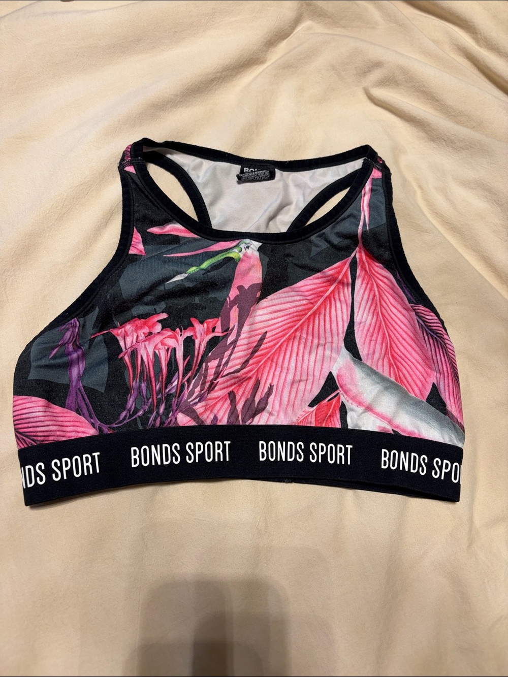 Bonds Floral Racerback Sports Bra - Pink & Black